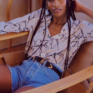 Lulus Artistically Chic Ivory And Black Abstract Print Button-up Top White